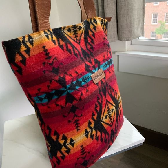 PENDLETON WOOL red orange Aztec large tote bag - Picture 3 of 10